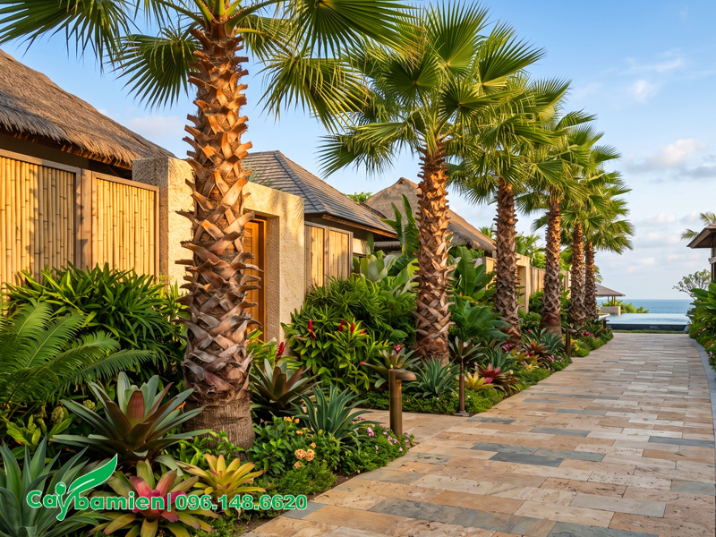 Phối cảnh hình ảnh cây Cọ Mỹ trồng cho khu resort cao cấp
